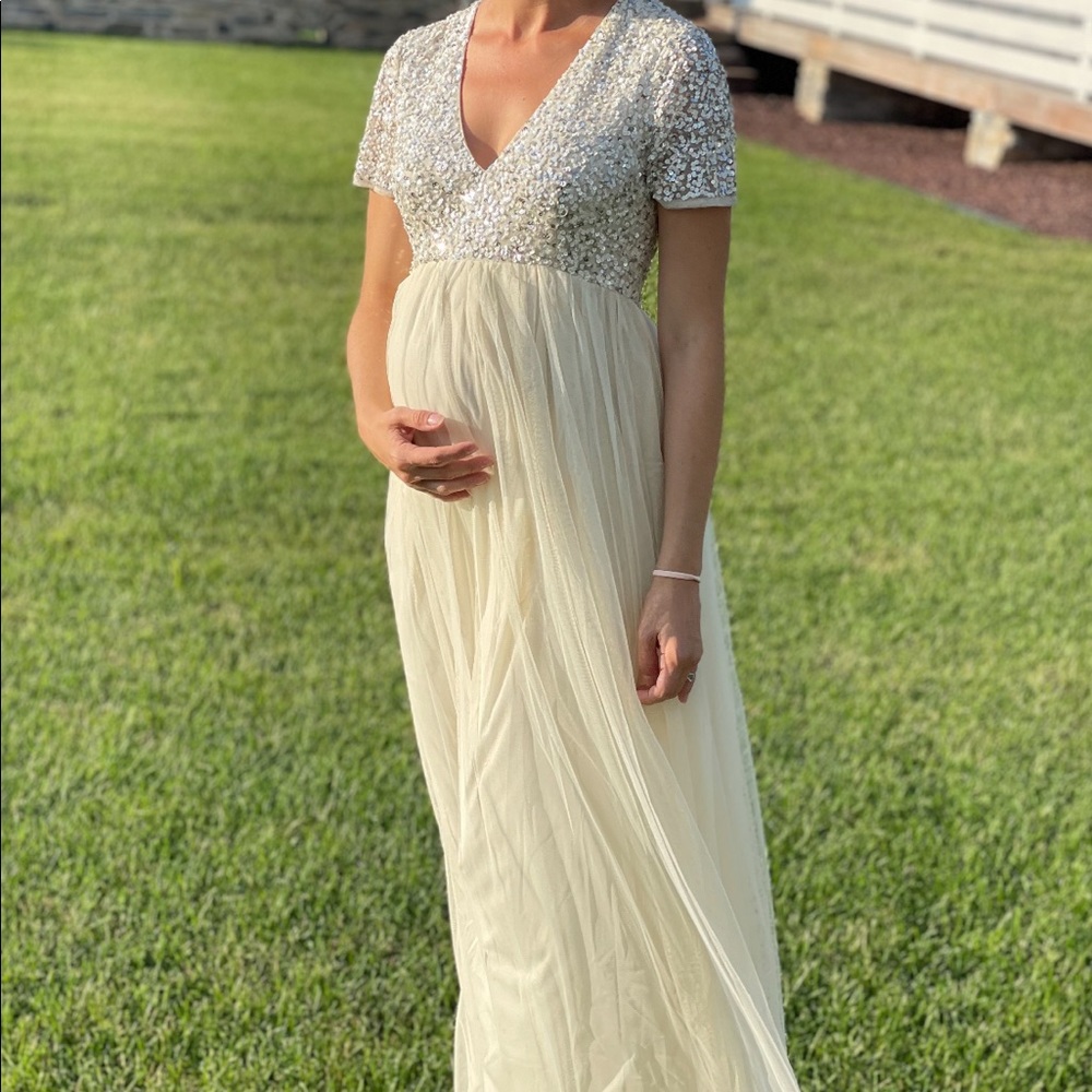 Maya deluxe s maternity long white cream dress
